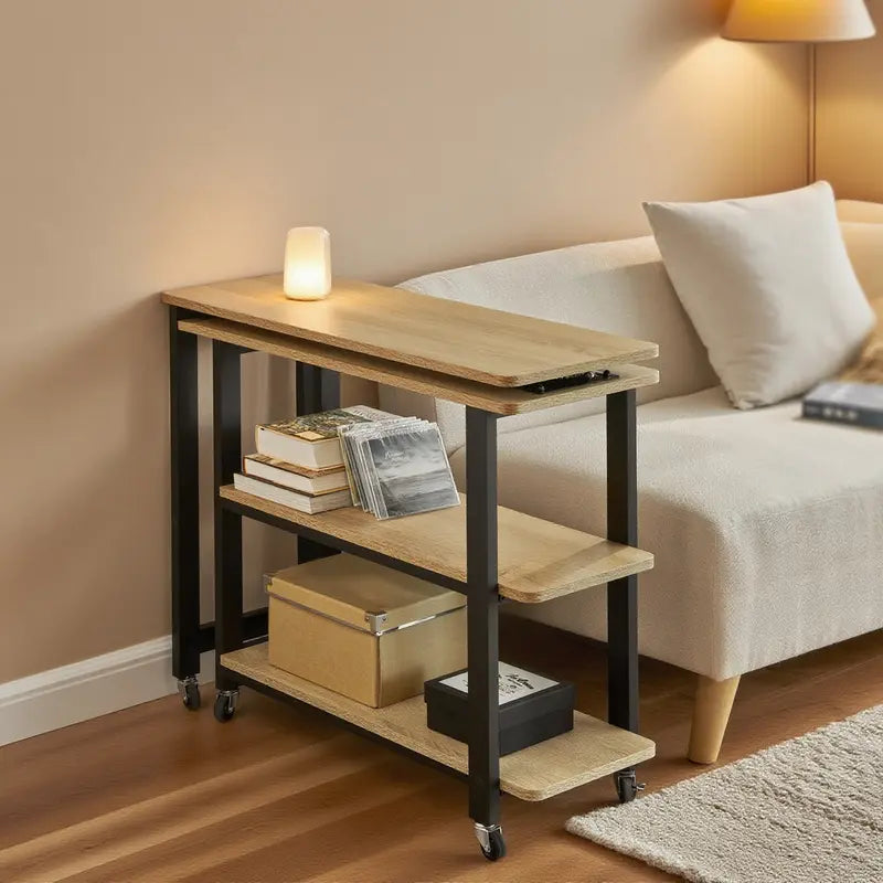 TurnEase™ | Sofa Side Table, Rotating Design, Rolling Base, Dual Storage Shelves & Portable