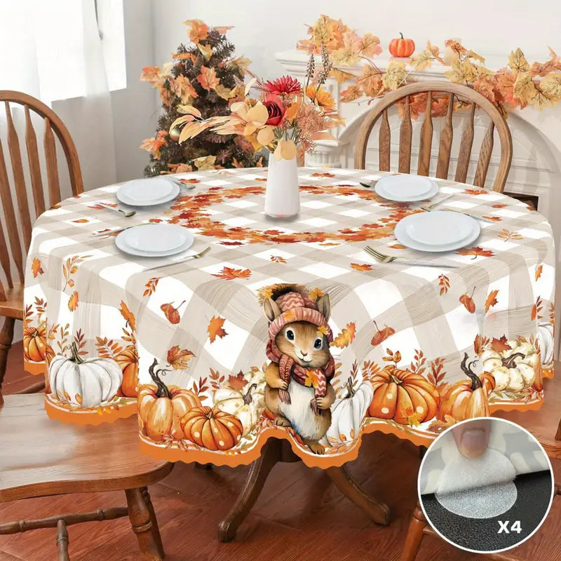Acornia™ | Rustic Thanksgiving Tablecloth with Squirrel & Pumpkin Design