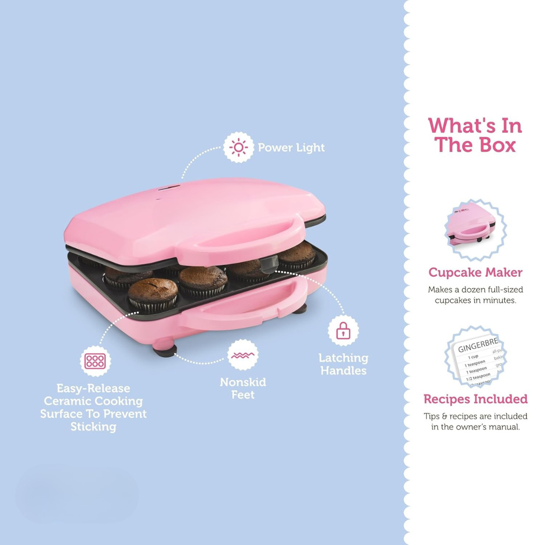 Solene™ | Cupcake Maker – Nonstick, Latching Handle, Full-Sized Cupcakes, Includes Recipe Manual