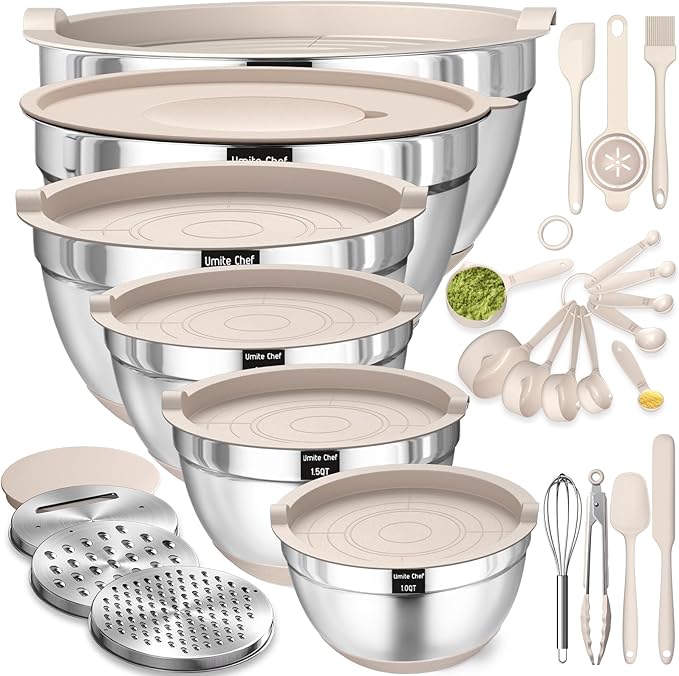 Vaera™ | Stainless Steel Mixing Bowls Set – Airtight Lids, Grater Attachments, Non-Slip Bottoms