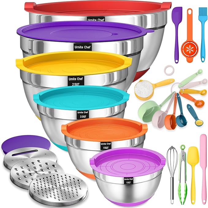 Vaera™ | Stainless Steel Mixing Bowls Set – Airtight Lids, Grater Attachments, Non-Slip Bottoms