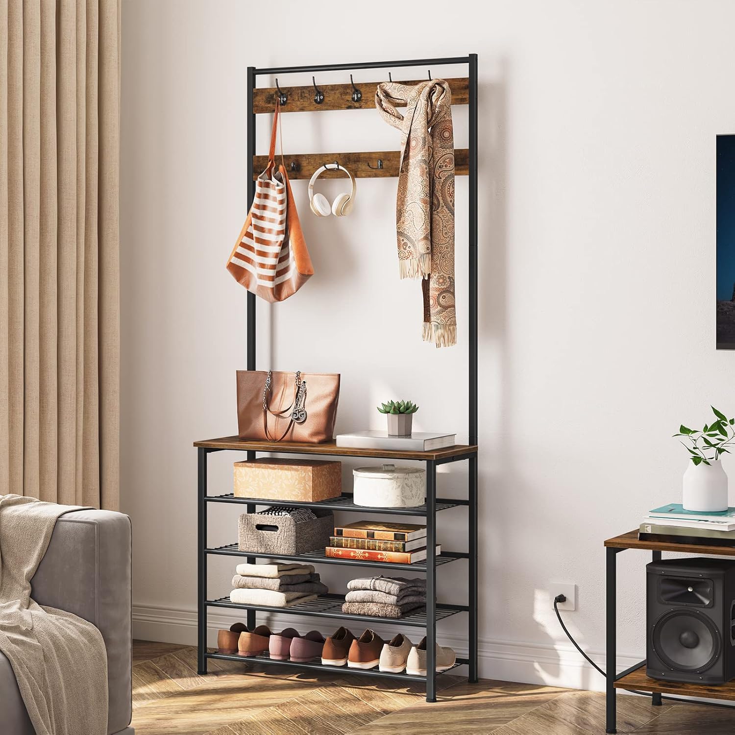 Trovia™ | Modern Rustic Coat Rack & Shoe Bench – Stylish 5-Tier Storage Solution