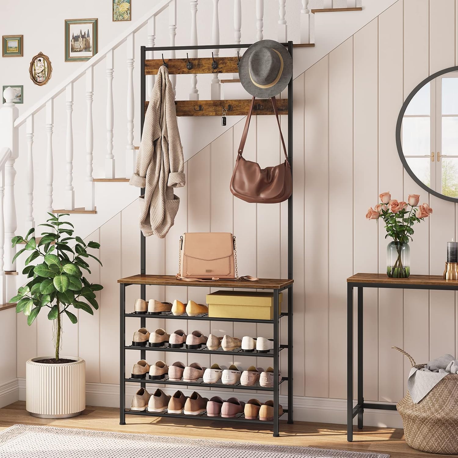 Trovia™ | Modern Rustic Coat Rack & Shoe Bench – Stylish 5-Tier Storage Solution