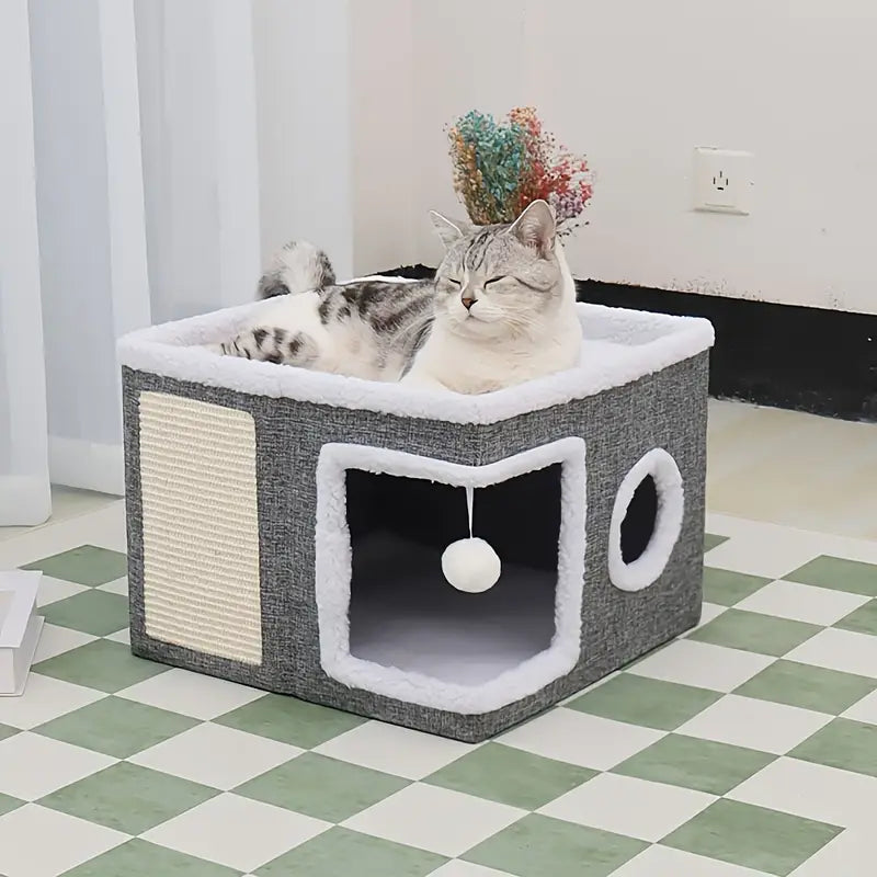 Comfurr™ | Dual-Layer Cat Condo with Scratching Board & Foldable Indoor Bed