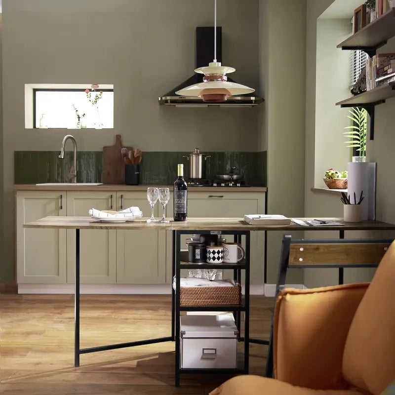 FoldNest™ | Collapsible Dining Table, Durable Wood, Folding Frame, 3-Tier Shelves & Compact