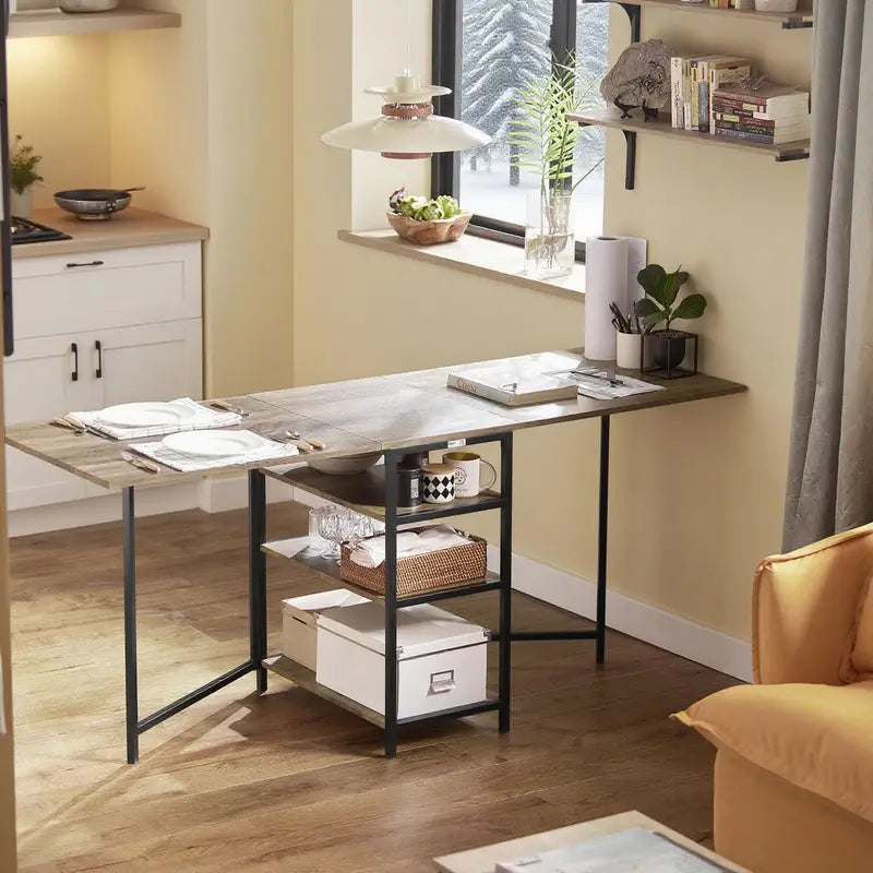 FoldNest™ | Collapsible Dining Table, Durable Wood, Folding Frame, 3-Tier Shelves & Compact